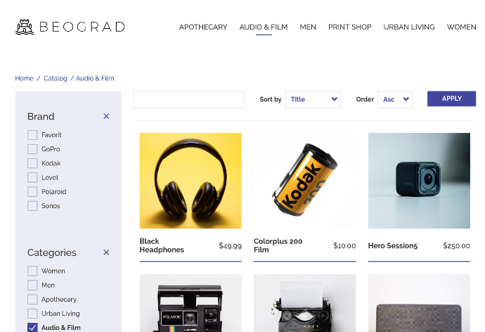 Demo product catalog in the Belgrade theme