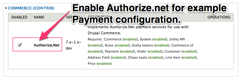 Enable Authorize.net for example On-Site Payment configuration.