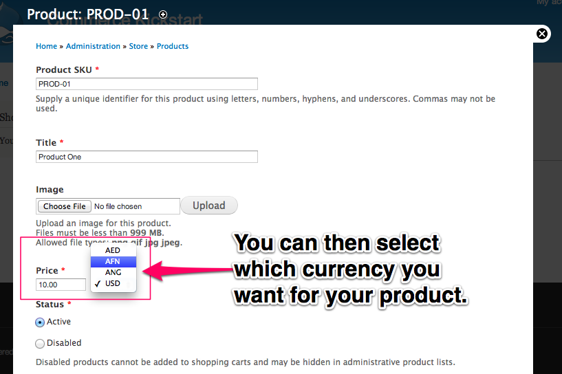 You can then select which currency you want for your product.
