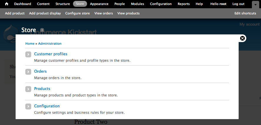 Drupal Commerce Store
        Administration Screen.