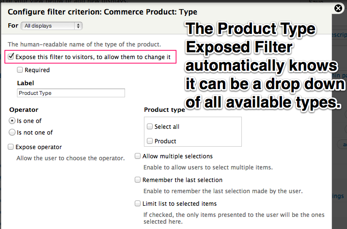 The Product Type
        Exposed Filter automatically knows it can be a drop down of all
        available product types.
