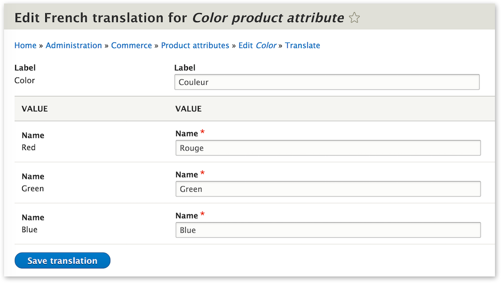 Translating a Color product attribute