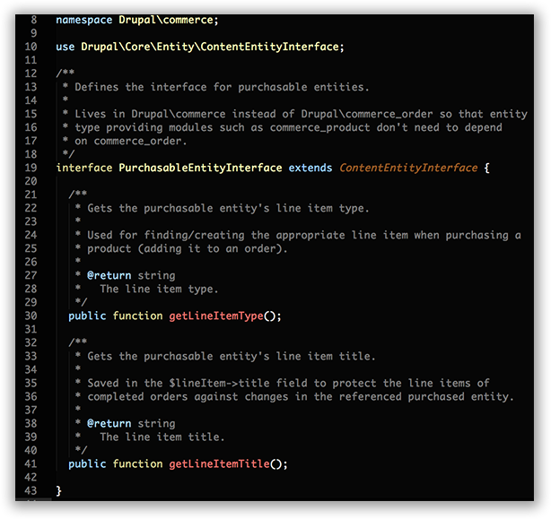 Code snippet of the PurchasableEntityInterface.