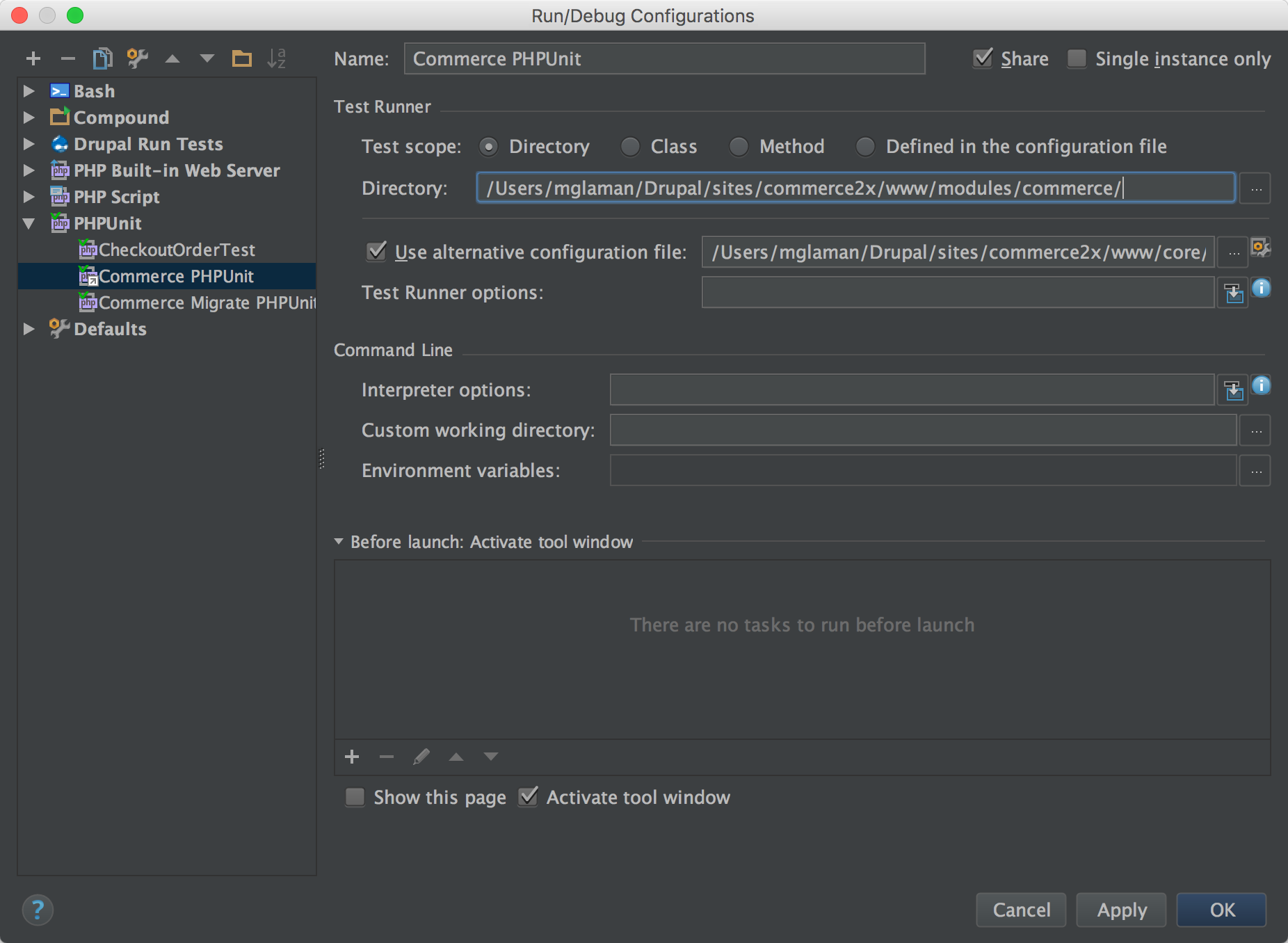 PHPUnit run configuration